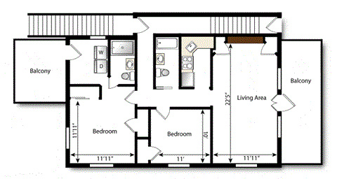 Floor plan for 2 beds, 2 baths, 985 sqft